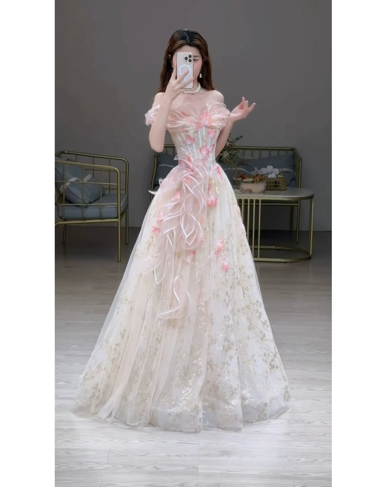 Princess Ball Gown Off The Shoulder Tulle Pink Prom Dresses Inspiration Long Party Night Gowns 20th Birthday Outfits AB2236