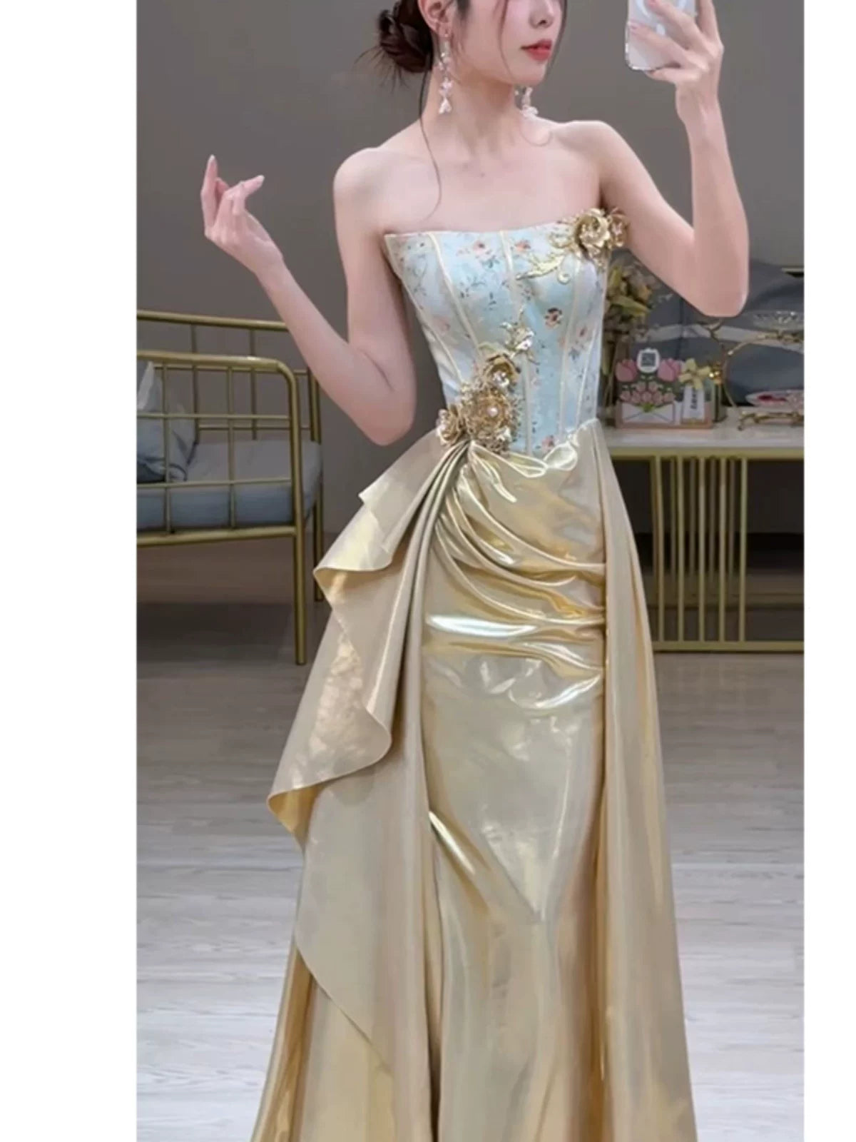 Modest Mermaid Strapless Gold With Slit Long Prom Dress Fashion Aesthetic High School Formal Dresses Party Outfits Prom Gown AB2235