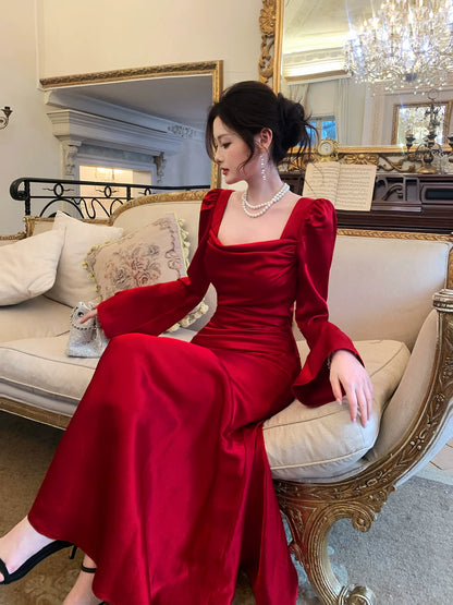 Modest Mermaid Square Neck Red Satin Long Sleeves Prom Dresses Wedding Guest Dress Birthday Outfits AB2445