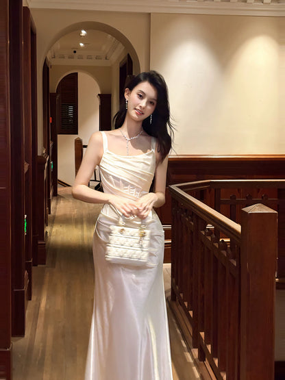Simple Sheath Square Neck White Satin With Pleated Prom Dresses Graduation 18th Birthday Holiday Outfits N092