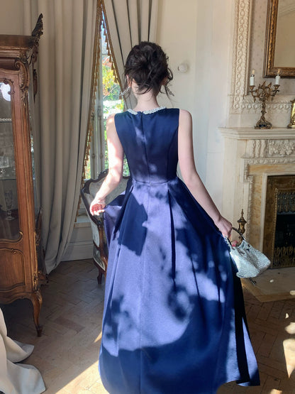 Elegant A line Jewel Neck Navy Blue Satin With Beaded Sleeveless Prom Dresses 16th Nigh Party Birthday Outfits AB2442