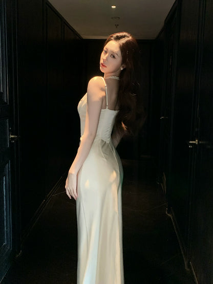 Elegant Mermaid Spaghetti Straps Ivory Satin Ankle Length Prom Dresses 17th Nigh Party Birthday Outfits AB2457