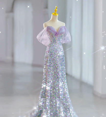 Modest Mermaid Off The Shoulder Lilac Sequins Prom Dresses Inspiration Long Party Night Evening Dress 19th Birthday Outfits AB2319