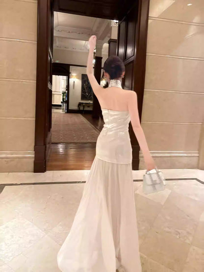 Elegant Mermaid Halter Ivory Ankle Length Prom Dresses 17th Nigh Party Birthday Outfits AB2484