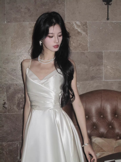 Modest A line Spaghetti Straps Ivory Satin Long Prom Dresses Wedding Guest Dress 20th Birthday Outfits AB2495