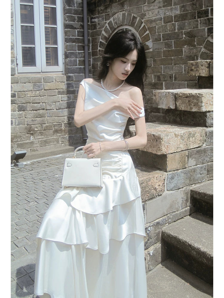 Simple A Line Off The Shoulder White Satin Floor Length Prom Dresses Aesthetic Graduation Birthday Outfits N087