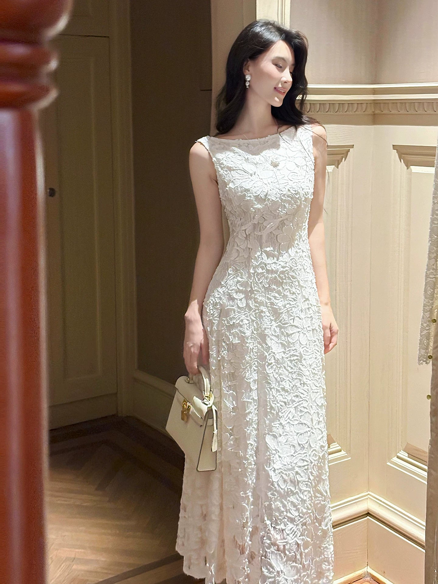 Chic A Line Bateau Neck White Lace Mid Length Prom Dresses Aesthetic Graduation Birthday Outfits N088