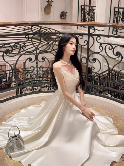 Modest A line Spaghetti Straps Ivory Satin Long Prom Dresses Wedding Guest Dress 20th Birthday Outfits AB2495