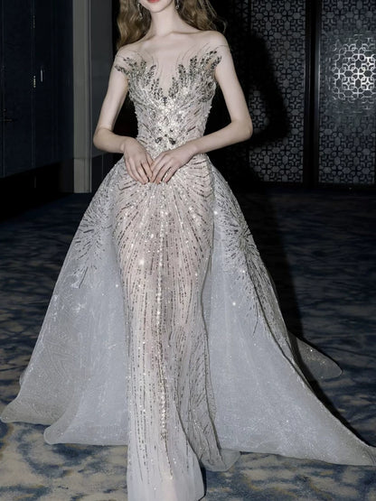 Luxurious Wedding Dresses Mermaid Scoop Neck With Cape Silver Gray Sequins Brides Dress For Brides Fitted Bridal Gowns AB2327