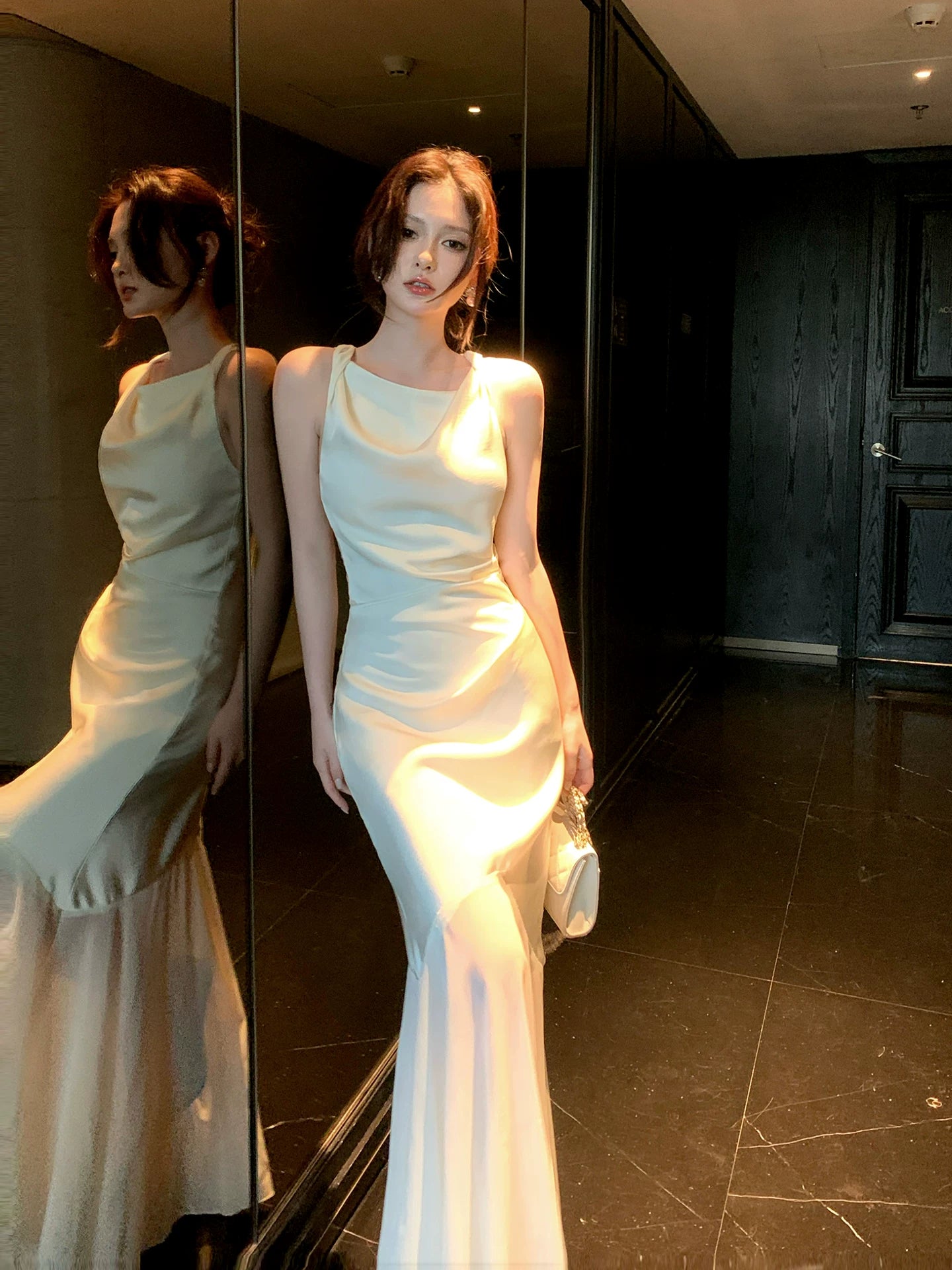 Elegant Mermaid Cowl Neck Satin Ankle Length Satin Prom Dresses Long 16th Nigh Party Birthday Outfits AB2414