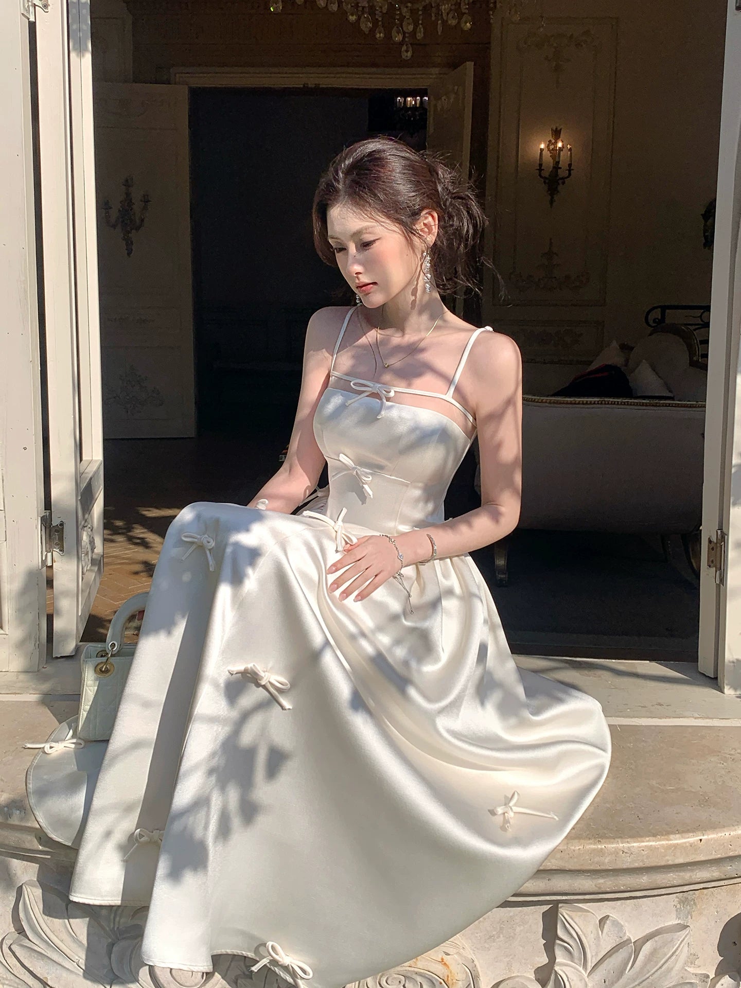 Modest A line Spaghetti Straps Ivory Satin Prom Dresses Wedding Guest Dress 20th Party Birthday Outfits AB2431