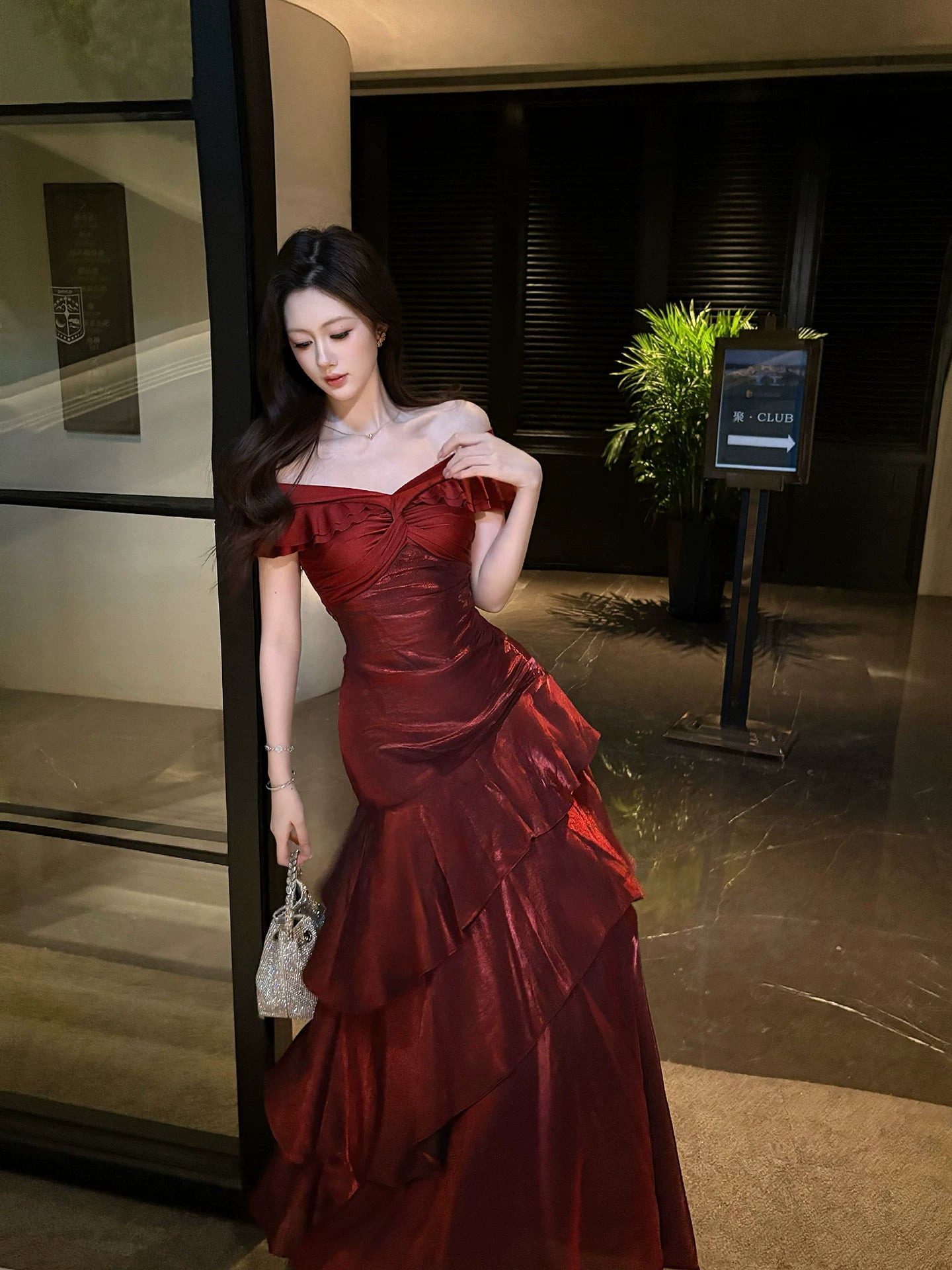 Elegant Mermaid Off The Shoulder Burgundy Long Prom Dresses 16th Nigh Party Birthday Outfits AB2460