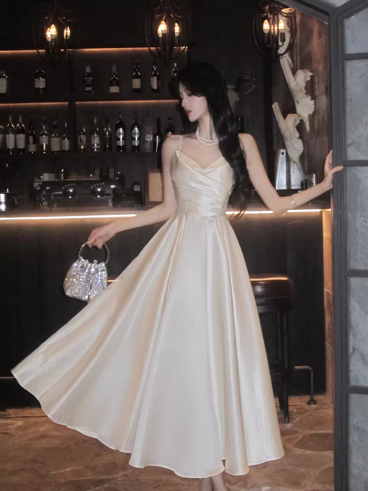 Modest A line Spaghetti Straps Ivory Satin Long Prom Dresses Wedding Guest Dress 20th Birthday Outfits AB2495