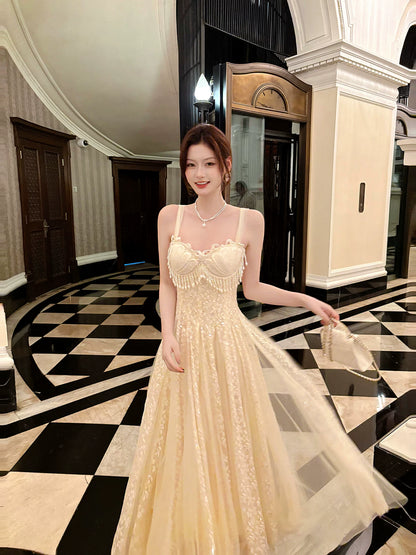 Sexy A line Spaghetti Straps Apricot Lace Prom Dresses Wedding Guest Dress 20th Birthday Outfits AB2469