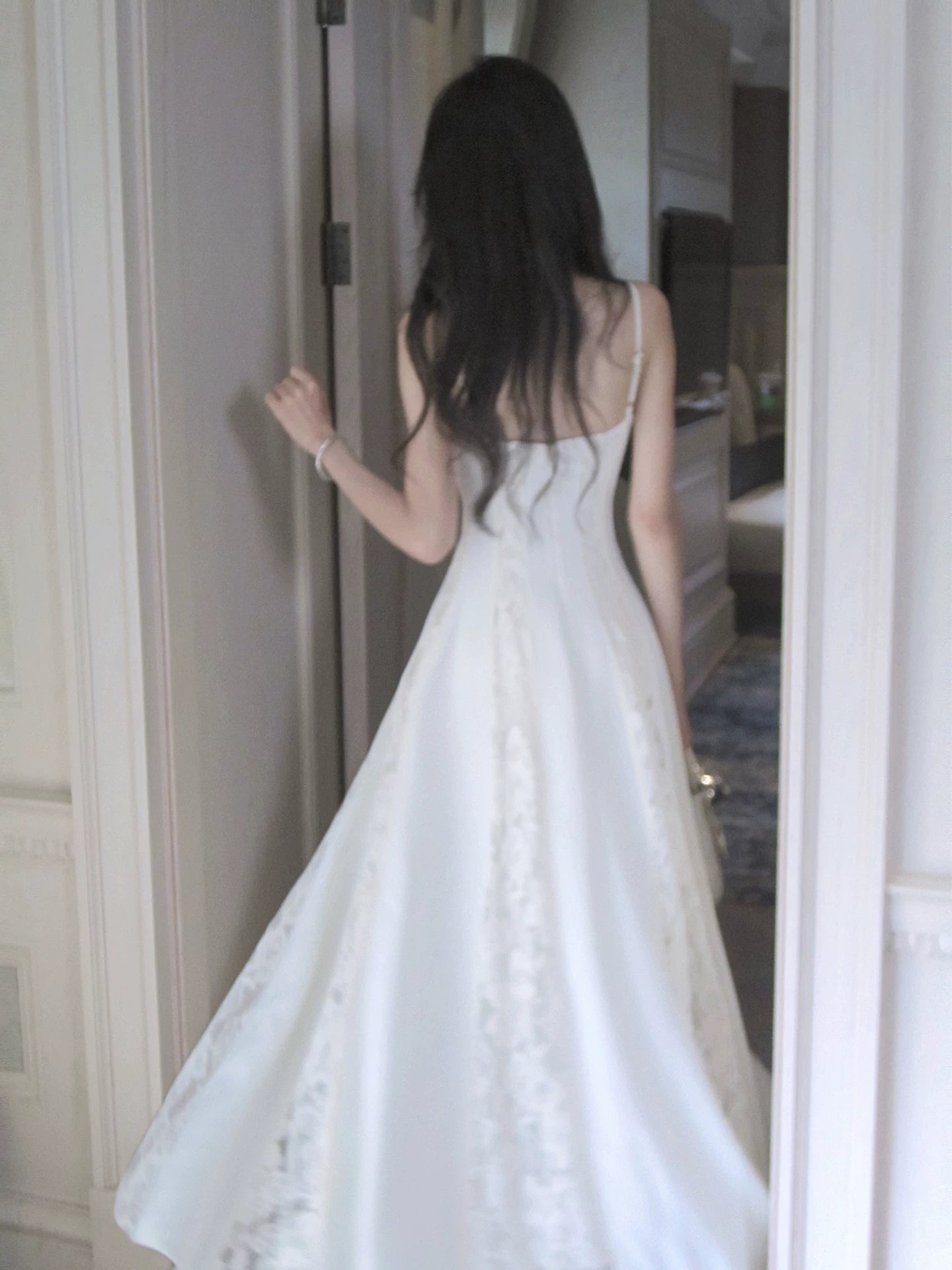 Elegant A Line Spaghetti Strap White Lace Long Pleated Prom Dress Aesthetic Graduation Birthday Outfits N093