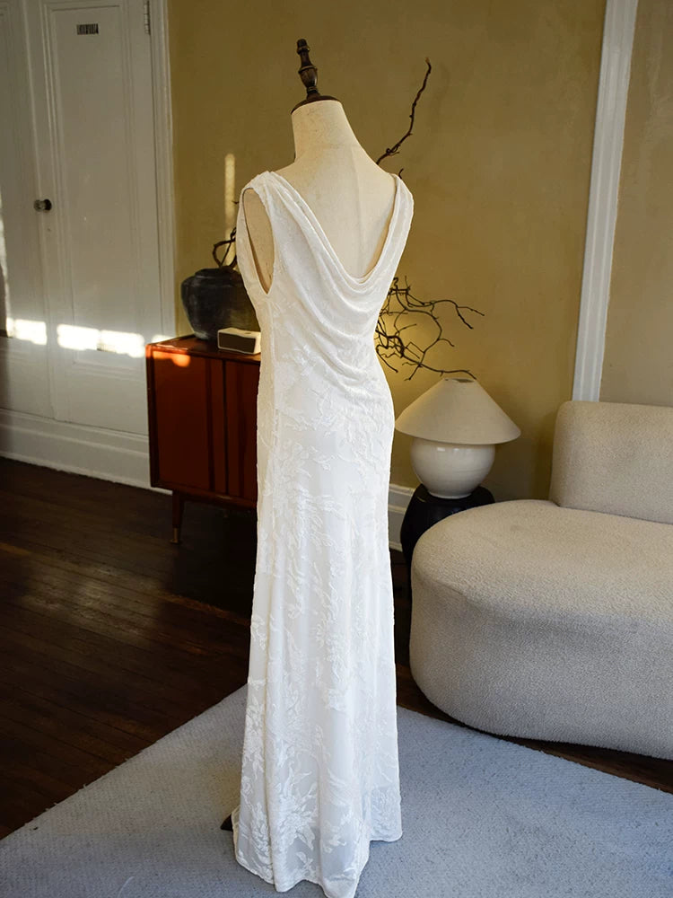 Vintage 1950s A Line Cowl Neck White Floral Lace Prom Dresses Inspiration Long Party Evening Dress 18th Birthday Outfits AB2368