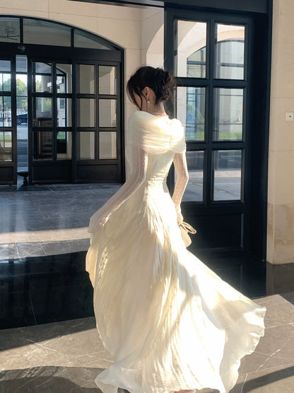 Modest A line Off The Shoulder Lace White Long Sleeves Prom Dresses Wedding Guest Dress Birthday Outfits AB2440