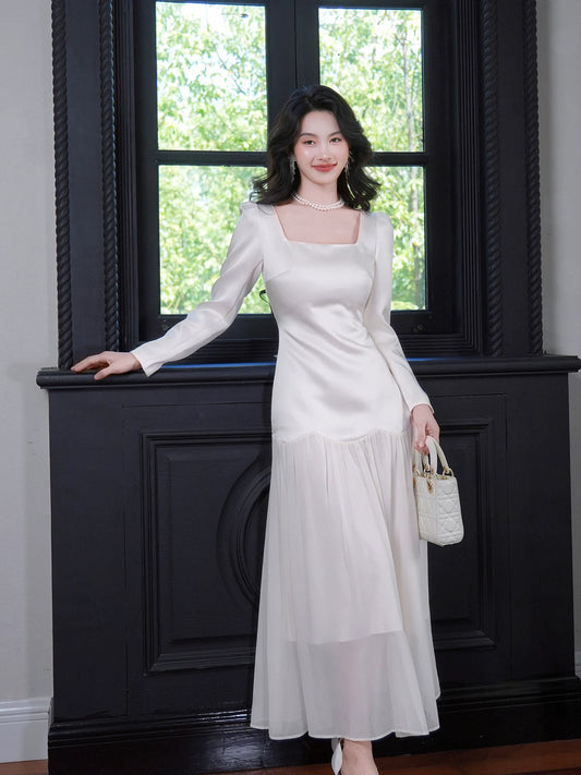 Simple A Line Square Neck Drop Waist White Chiffon Mid Length Prom Dress Aesthetic Graduation Evening Outfits N082