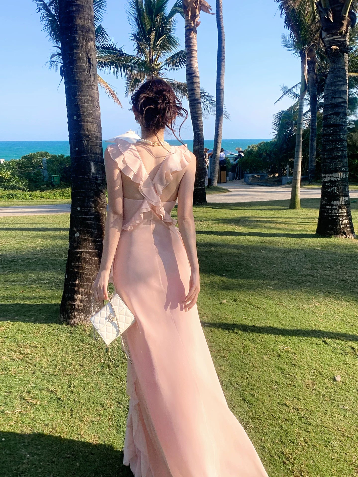 Simple A line V Neckline Chiffon Coral Pink Prom Dresses Long 16th Birthday Outfits AB2412