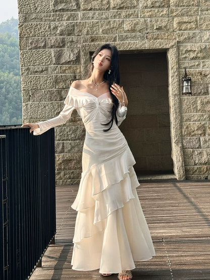 Classy Mermaid Off The Shoulder White With Long Sleeve Floor Length Pleated Prom Dress Graduation 20th Birthday Outfits N099