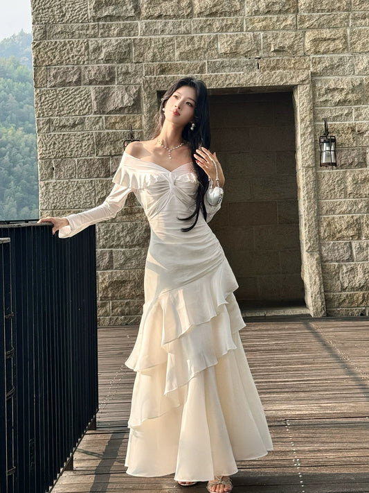 Classy Mermaid Off The Shoulder White With Long Sleeve Floor Length Pleated Prom Dress Graduation 20th Birthday Outfits N099