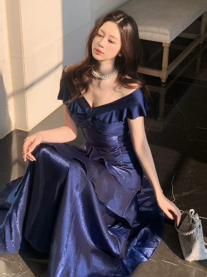 Elegant Mermaid Off The Shoulder Navy Blue Long Prom Dresses 16th Nigh Party Birthday Outfits AB2456