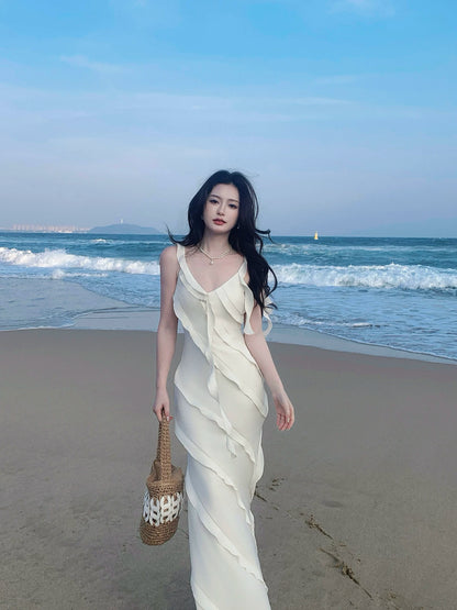 Sexy Mermaid Spaghetti Straps White Chiffon Prom Dresses Wedding Guest Dress 20th Birthday Outfits AB2477