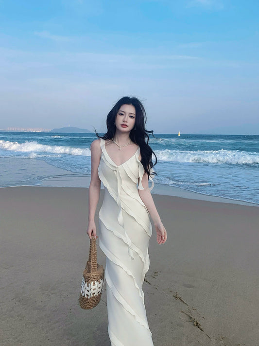 Sexy Mermaid Spaghetti Straps White Chiffon Prom Dresses Wedding Guest Dress 20th Birthday Outfits AB2477