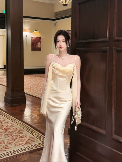 Sexy Mermaid Spaghetti Straps White Satin Ankle Length Prom Dresses Wedding Guest Dress 20th Birthday Outfits AB2477