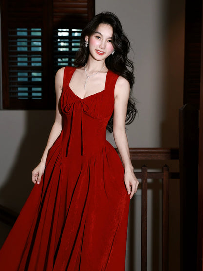 Simple A Line Square Neck Red Chiffon Mid Length Prom Dress Aesthetic Graduation Evening Outfits N080