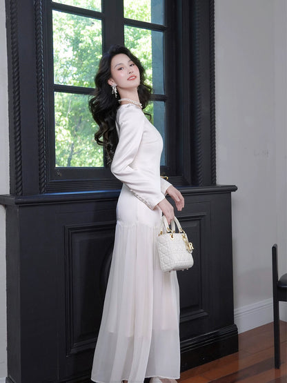 Simple A Line Square Neck Drop Waist White Chiffon Mid Length Prom Dress Aesthetic Graduation Evening Outfits N082