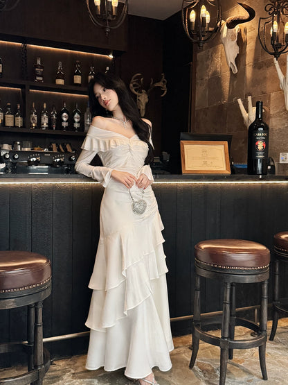 Classy Mermaid Off The Shoulder White With Long Sleeve Floor Length Pleated Prom Dress Graduation 20th Birthday Outfits N099