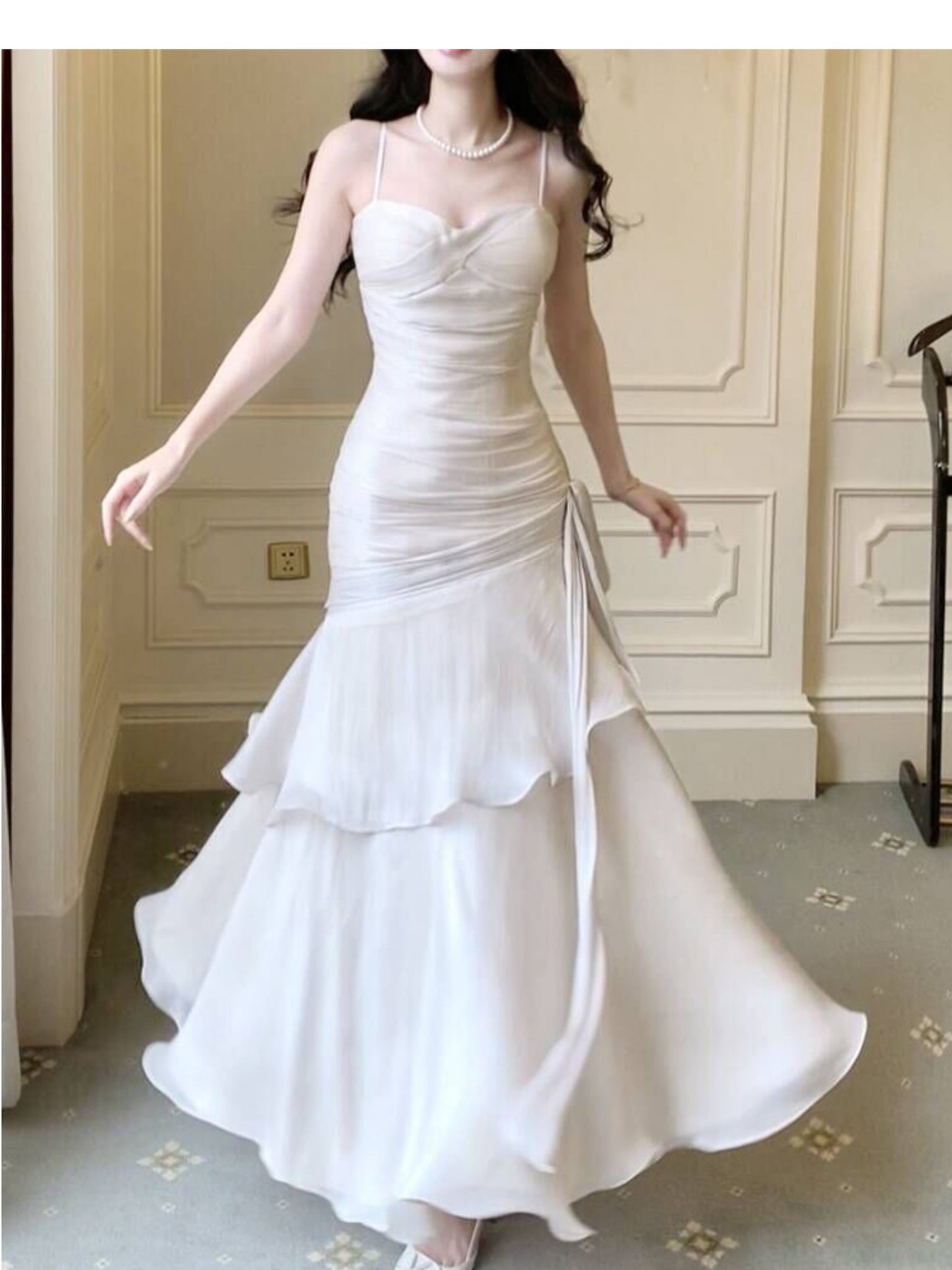 Modest Mermaid Spaghetti Straps White Ruffles Long Prom Dresses High School Teens Graduation Dance Dress 20th Birthday Outfits AB2503