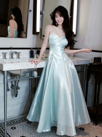 Classy A Line Spaghetti Strap Ice Blue Ankle Length Pleated Prom Dress Aesthetic Graduation Birthday Outfits N095