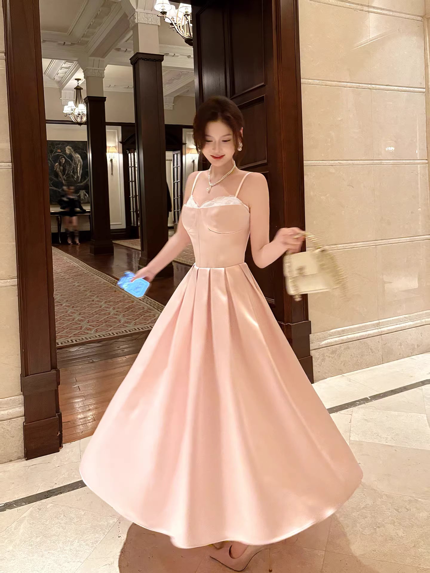 Elegant A Line Spaghetti Straps Pink Satin Ankle Length Prom Dresses 17th Nigh Party Birthday Outfits AB2497