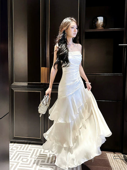 Modest Mermaid Spaghetti Straps White Ruffles Long Prom Dresses High School Teens Graduation Dance Dress 20th Birthday Outfits AB2503