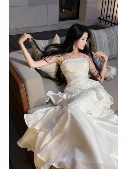 Modest Mermaid Spaghetti Straps White Ruffles Long Prom Dresses High School Teens Graduation Dance Dress 20th Birthday Outfits AB2503