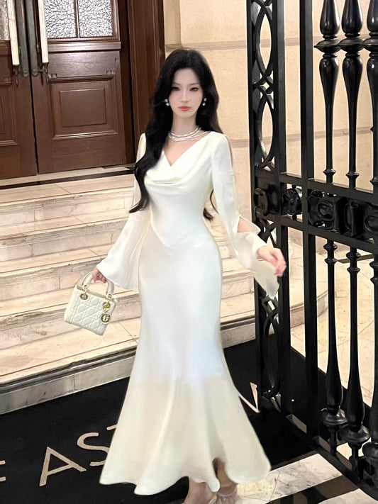 Sexy Mermaid Cowl Neck White Satin Ankle Length Prom Dresses Wedding Guest Dress 20th Birthday Outfits AB2483