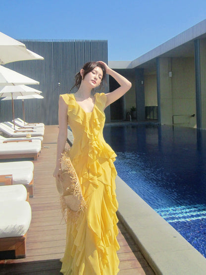 Elegant A line V Neckline Chiffon Yellow Layered Prom Dresses Long 16th Nigh Party Birthday Outfits AB2413