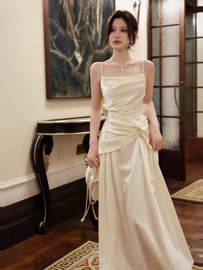 Sexy A line Spaghetti Straps Ivory Satin Long Prom Dresses Wedding Guest Dress 20th Birthday Outfits AB2480
