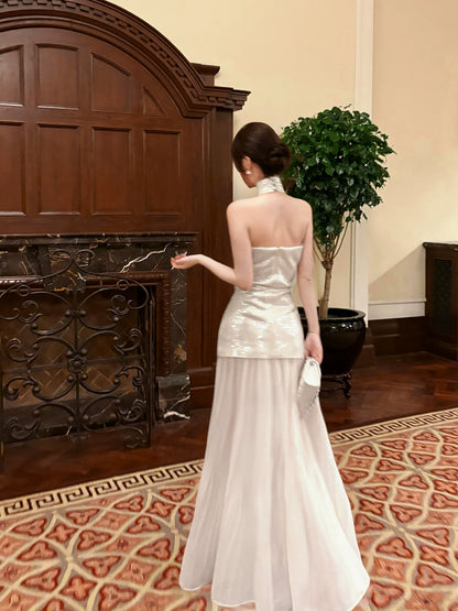 Elegant Mermaid Halter Ivory Ankle Length Prom Dresses 17th Nigh Party Birthday Outfits AB2484