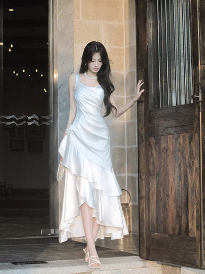 Modest Mermaid Square Neck White Satin Party Evening Night Dresses For Women Inspiration Long 18th Birthday Outfits AB2492