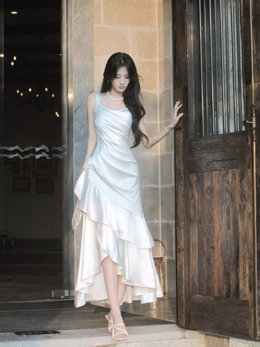 Modest Mermaid Square Neck White Satin Party Evening Night Dresses For Women Inspiration Long 18th Birthday Outfits AB2492