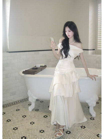 Simple A Line Off The Shoulder White Satin Floor Length Prom Dresses Aesthetic Graduation Birthday Outfits N087