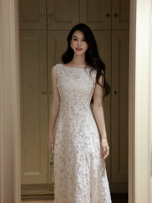 Chic A Line Bateau Neck White Lace Mid Length Prom Dresses Aesthetic Graduation Birthday Outfits N088