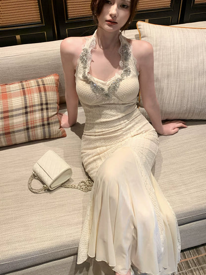 Modest Mermaid Halter Ivory Lace Prom Dresses Wedding Guest Gown 18th Nigh Party Birthday Outfits AB2424
