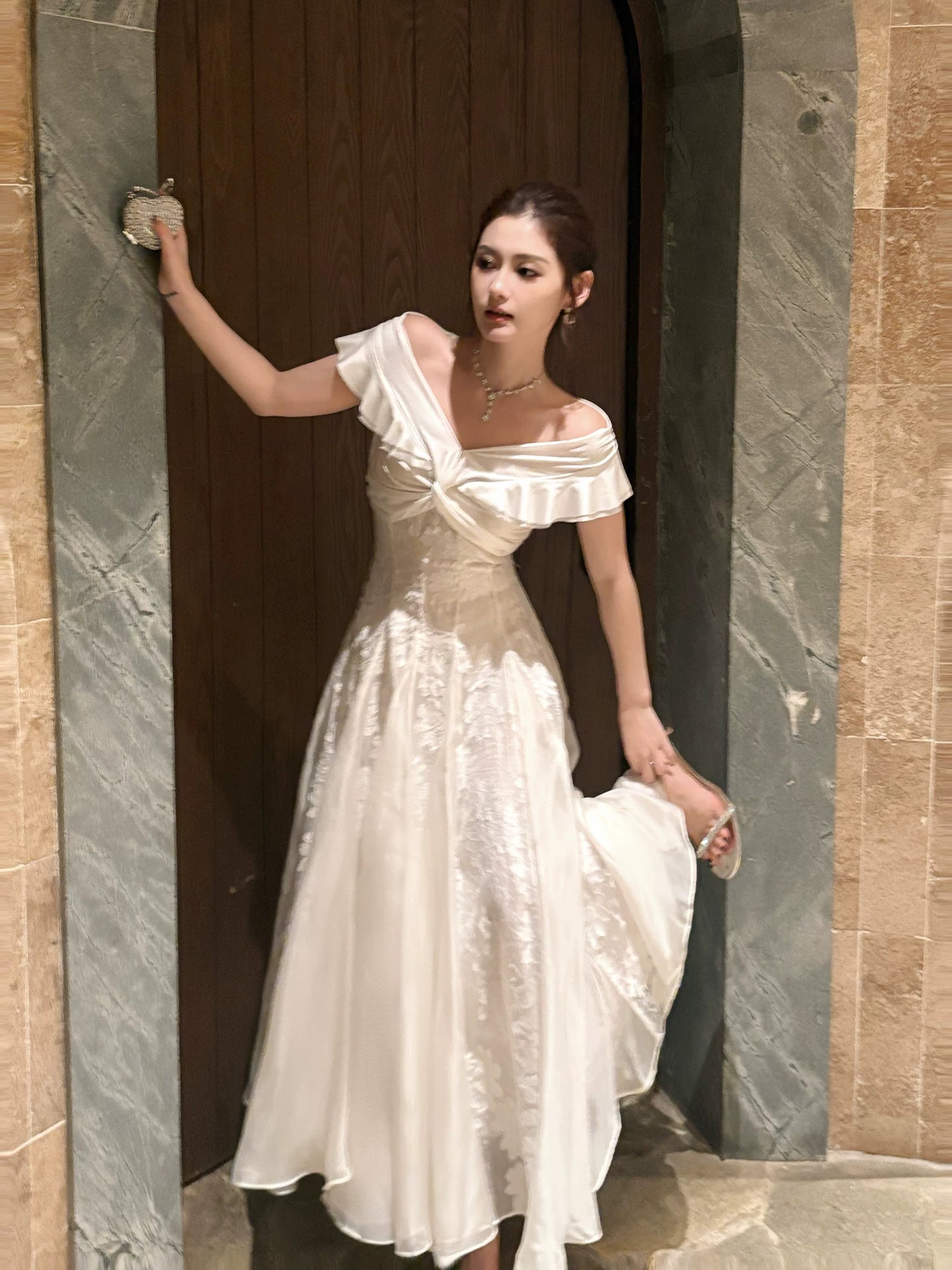 Simple A Line Off The Shoulder White Lace Mid Length Prom Dress Aesthetic Graduation Evening Outfits N086