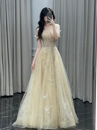Classy A line Off The Shoulder With Cap Sleeves Sequins Long Formal Prom Dresses Dance Night Outfits Party Gowns AB2200