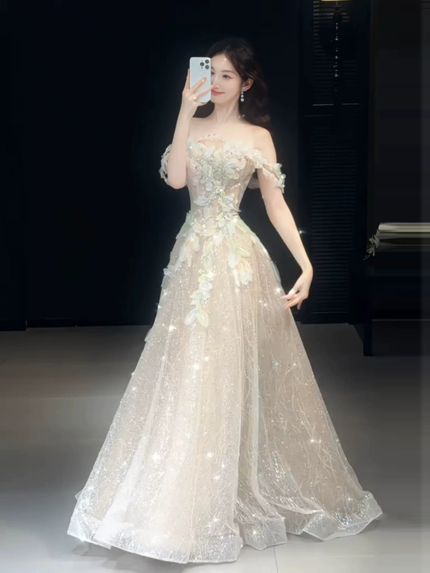 Cute A line Off The Shoulder With Cap Sleeves Sequins Champagne Long Formal Prom Dresses Dance Night Outfits Party Gowns AB2202