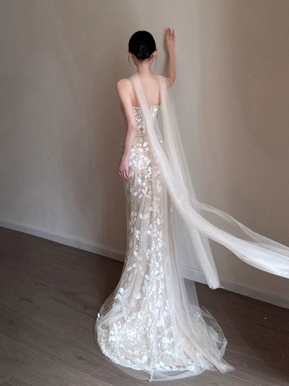 Timeless Wedding Dresses Mermaid Strapless Champagne Sleeveless Lace Brides Dress Style For Brides With Scarf Fitted Bridal Gowns AB2203